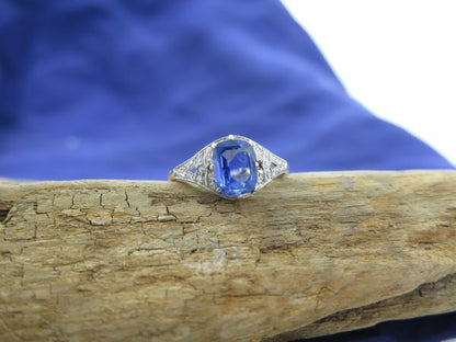 Vintage Sapphire Engagement Ring, Diamond Shoulders, Sri Lanka