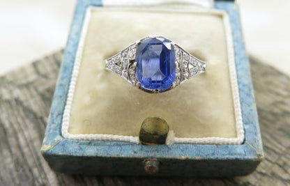 Vintage Sapphire Engagement Ring, Diamond Shoulders, Sri Lanka