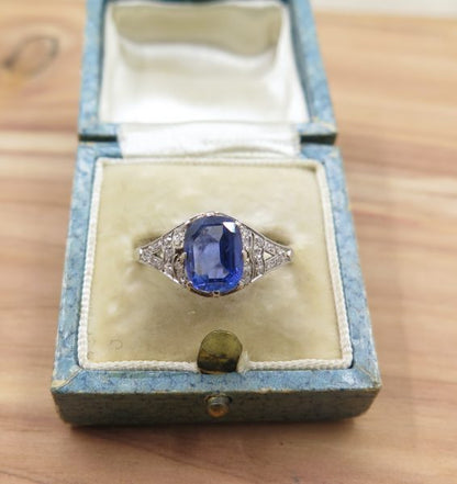 Vintage Sapphire Engagement Ring, Diamond Shoulders, Sri Lanka