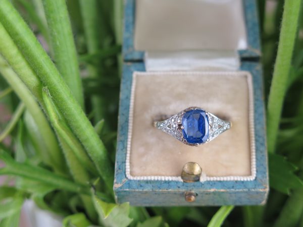 Vintage Sapphire Engagement Ring, Diamond Shoulders, Sri Lanka