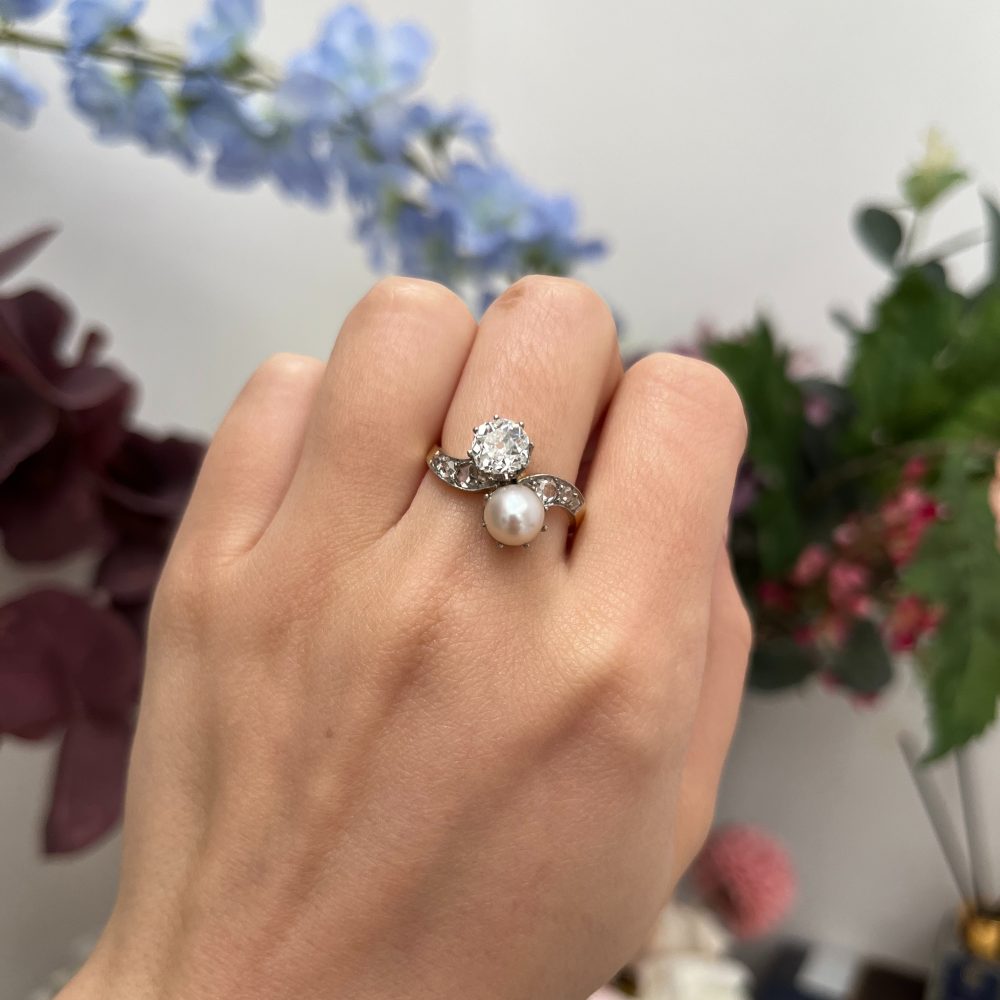 Antique French Natural Pearl and Diamond Toi et Moi Crossover Ring, Yellow Gold