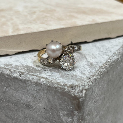 Antique French Natural Pearl and Diamond Toi et Moi Crossover Ring, Yellow Gold