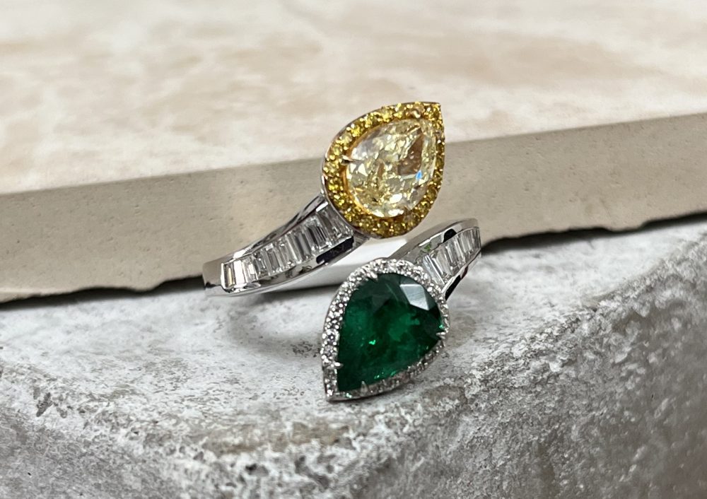 Pear Shape Fancy Yellow Diamond and Emerald Crossover Ring