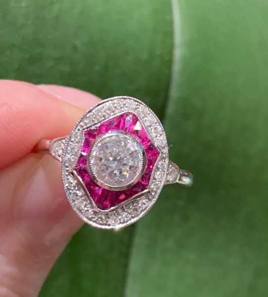 Art Deco Ruby Cluster ring oval shape target calibre cut white gold