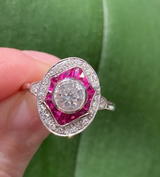 Art Deco Ruby Cluster ring oval shape target calibre cut white gold