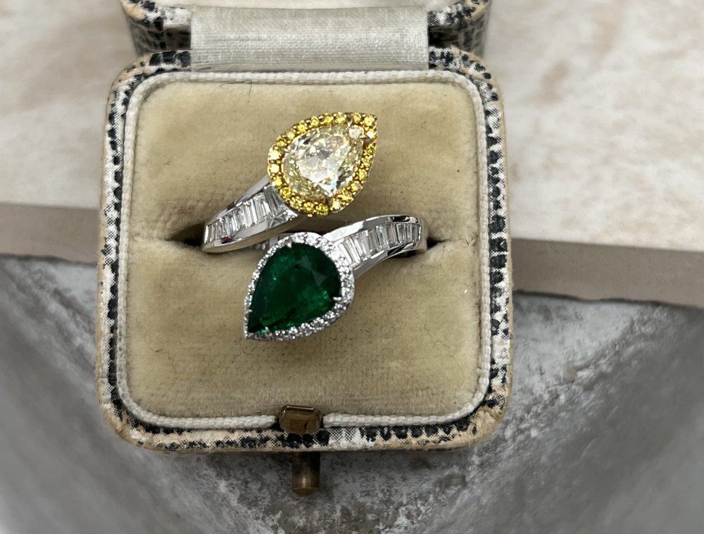 Pear Shape Fancy Yellow Diamond and Emerald Crossover Ring