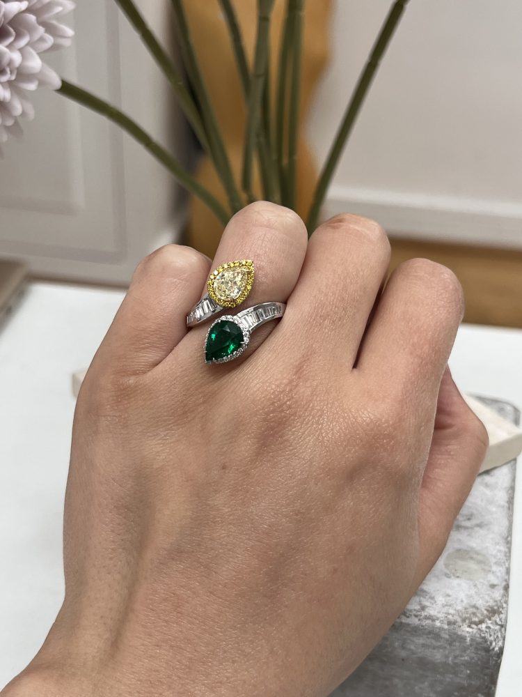 Pear Shape Fancy Yellow Diamond and Emerald Crossover Ring