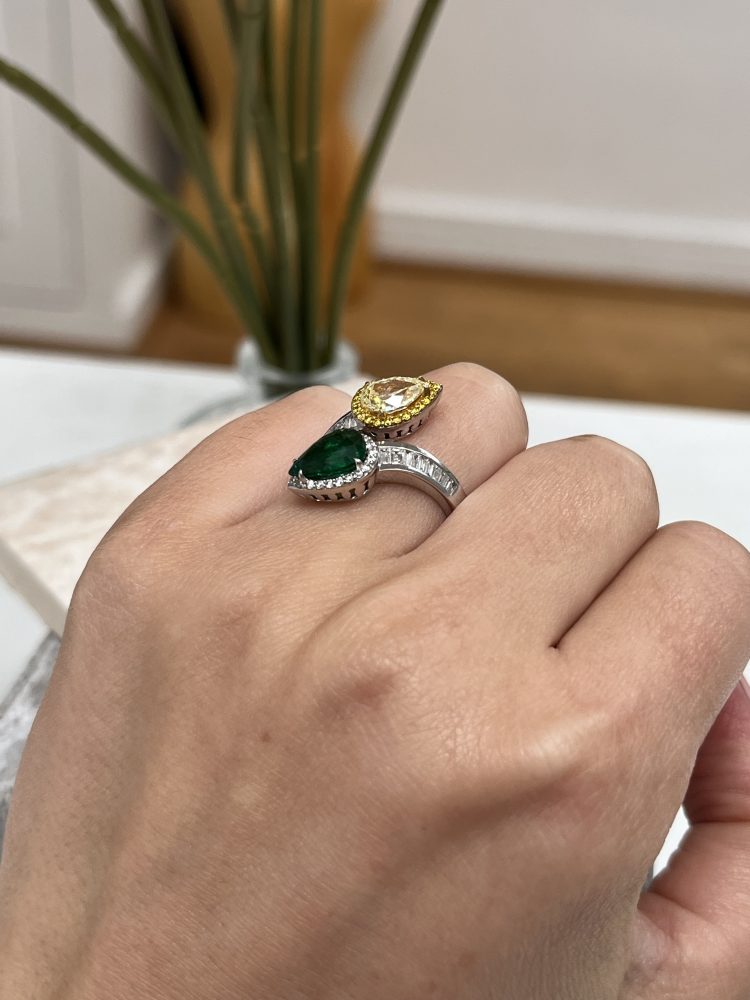 Pear Shape Fancy Yellow Diamond and Emerald Crossover Ring