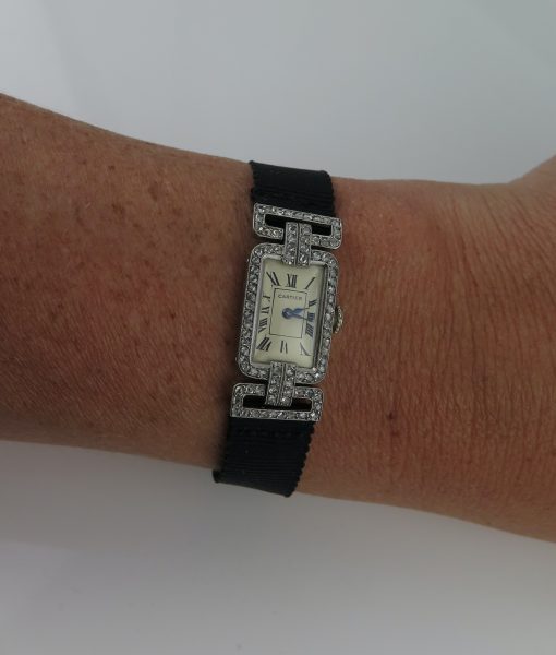 Cartier Art Deco cocktail watch 1920 1925 platinum diamond rose cuts silk black strap