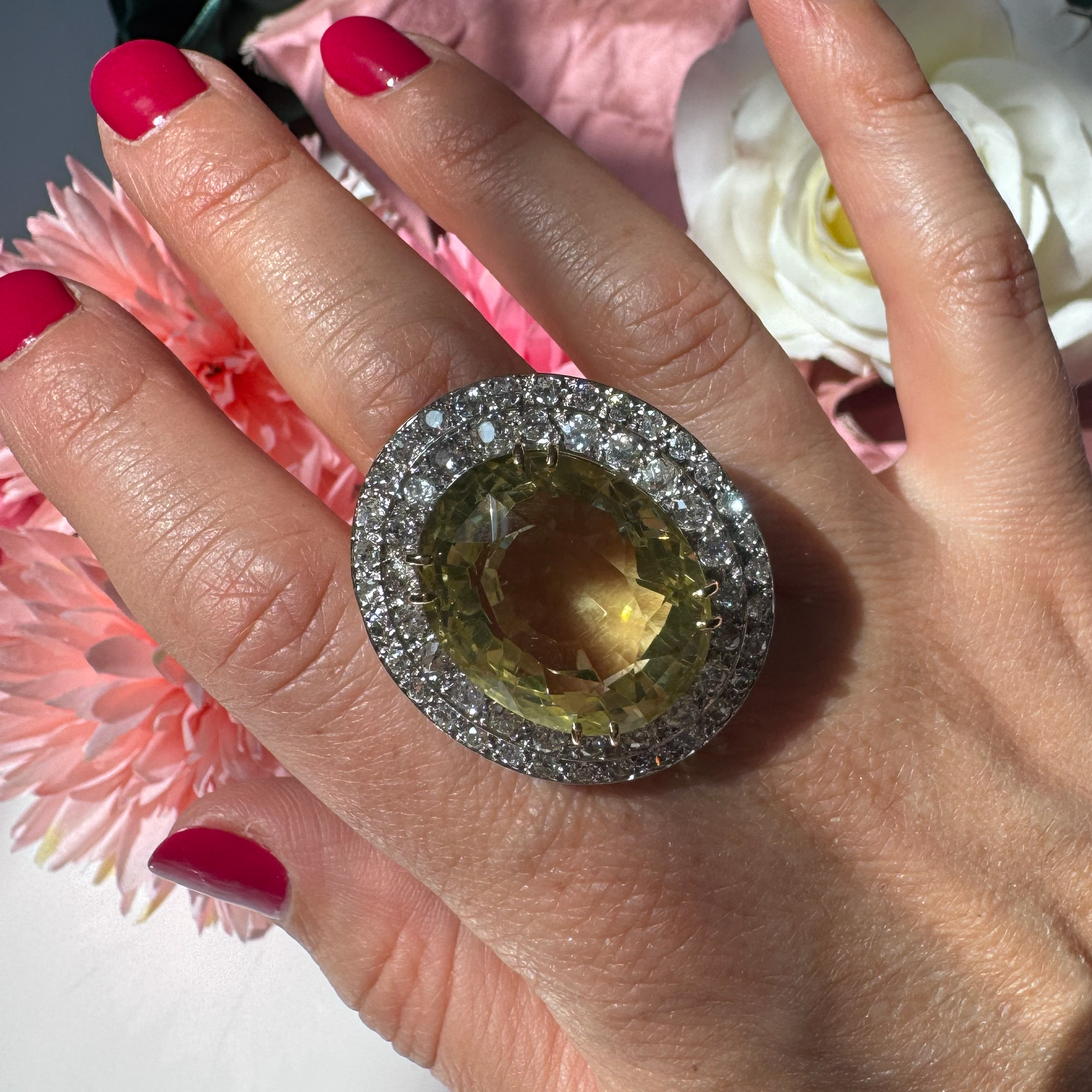 Large Vintage Yellow Gemstone and Diamond Double Cluster Cocktail Ring