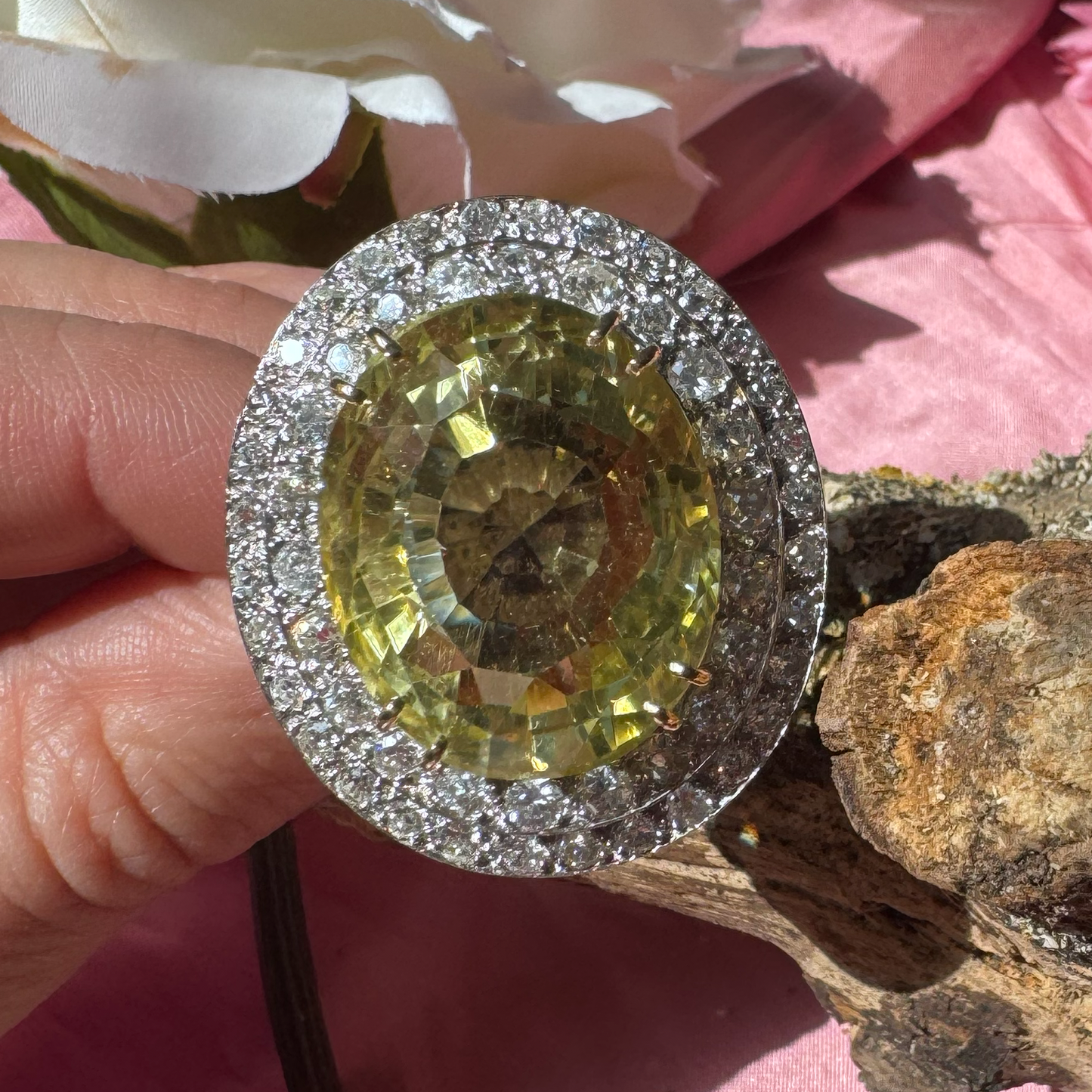 Large Vintage Yellow Gemstone and Diamond Double Cluster Cocktail Ring
