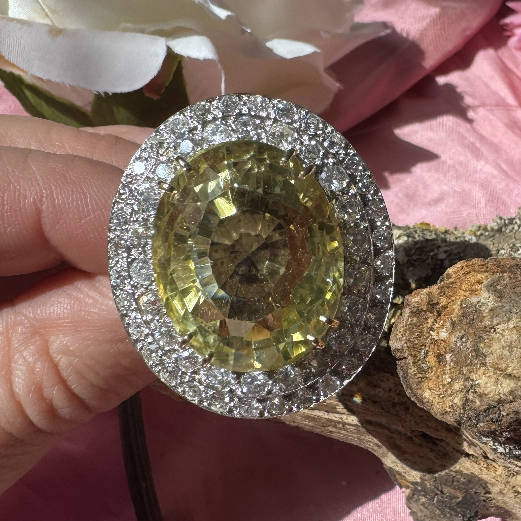 Large Vintage Yellow Gemstone and Diamond Double Cluster Cocktail Ring