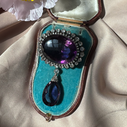 Fine Victorian Antique Amethyst and 7ct Old Cut Diamond Cluster Drop Pendant Brooch