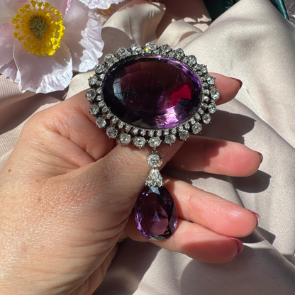 Fine Victorian Antique Amethyst and 7ct Old Cut Diamond Cluster Drop Pendant Brooch