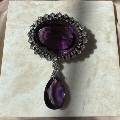 Fine Victorian Antique Amethyst and 7ct Old Cut Diamond Cluster Drop Pendant Brooch