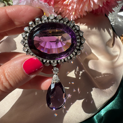 Fine Victorian Antique Amethyst and 7ct Old Cut Diamond Cluster Drop Pendant Brooch