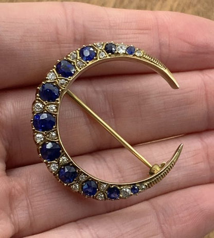 Antique Sapphire and Diamond Crescent Brooch, 4.5 carats