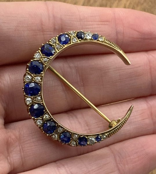 Antique Sapphire and Diamond Crescent Brooch, 4.5 carats