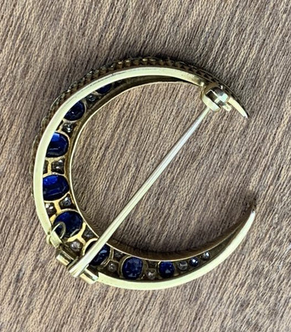 Antique Sapphire and Diamond Crescent Brooch, 4.5 carats