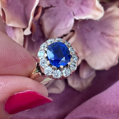Victorian Antique Natural Ne Heat Kashmir Sapphire Diamond and Gold Cluster Engagement Ring, Circa 1890