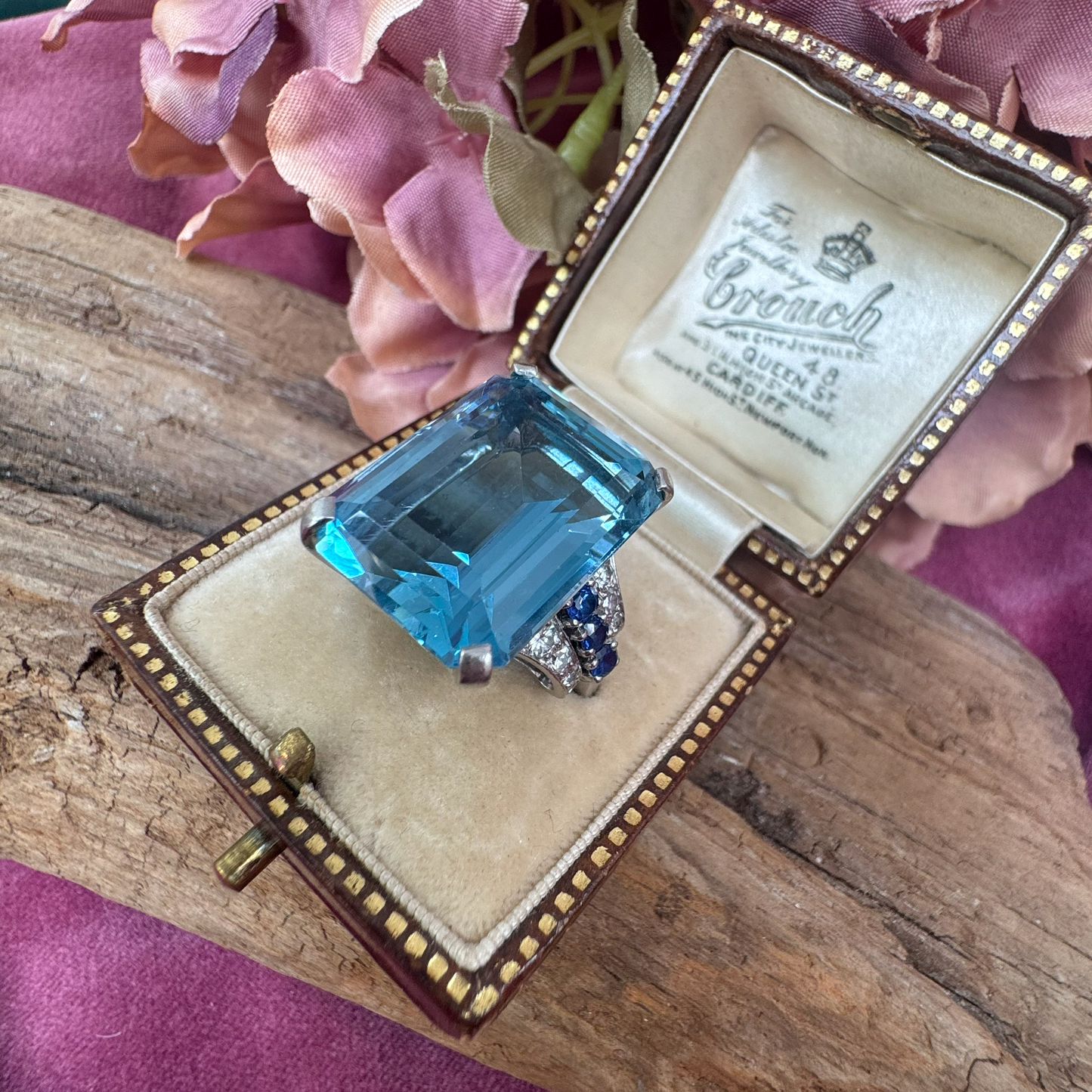Art Deco 20cts Aquamarine Cocktail Ring in Platinum with Sapphire and Diamond