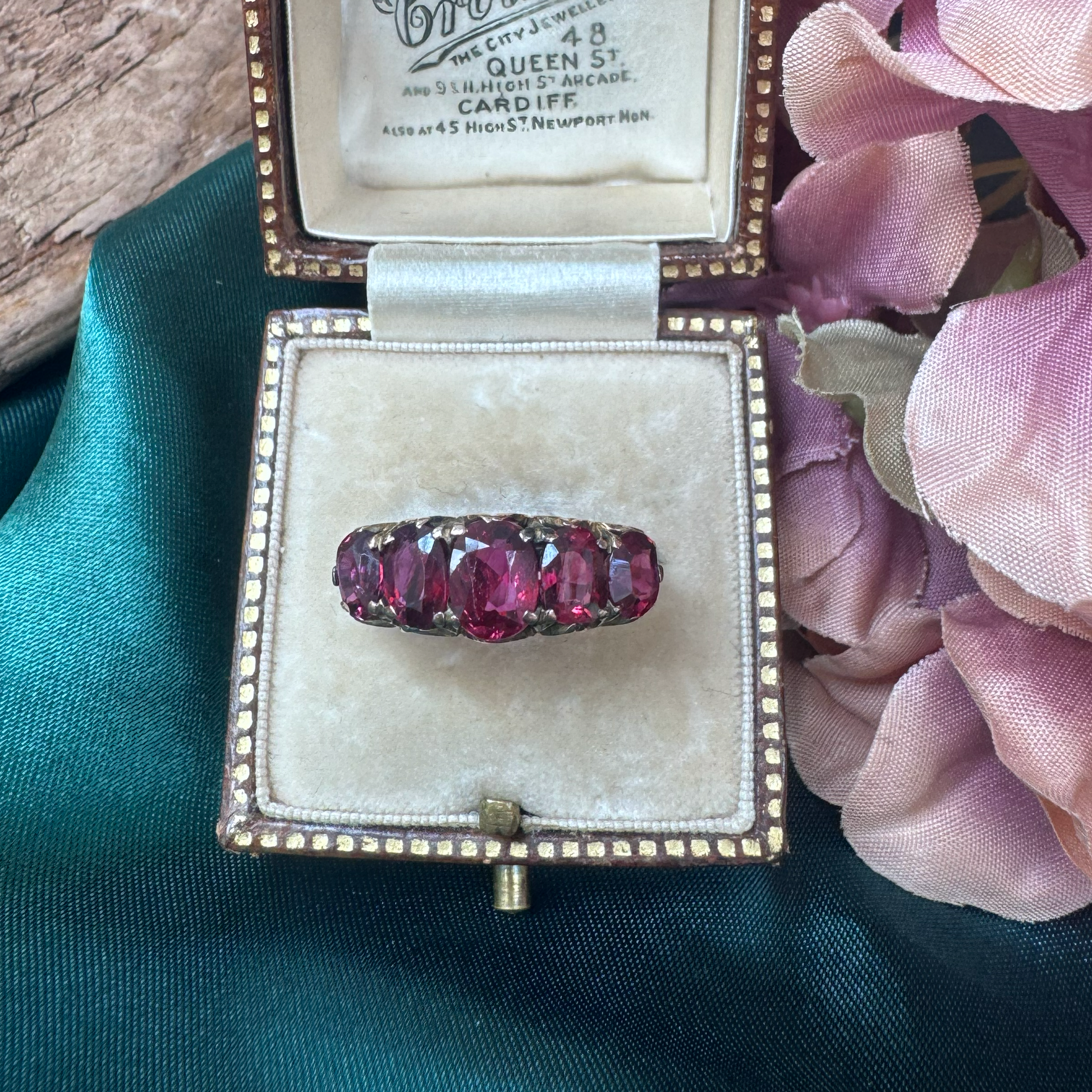 Edwardian Antique 3.60ct Oval Ruby Five Stone Carved Ring