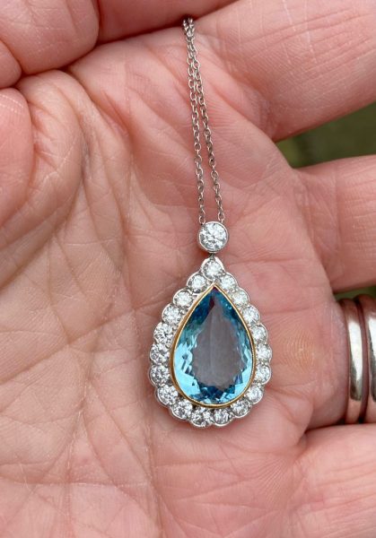 Aquamarine and diamond Pendant Tear drop pear shape white gold cluster