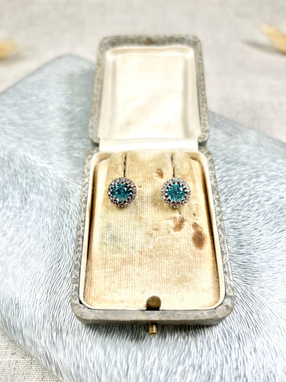 Antique 18 Carat White Gold, 1920's Faceted Zircon And Diamond Cluster Stud Earrings