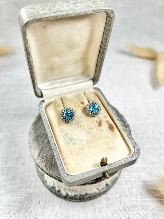 Antique 18 Carat White Gold, 1920's Faceted Zircon And Diamond Cluster Stud Earrings