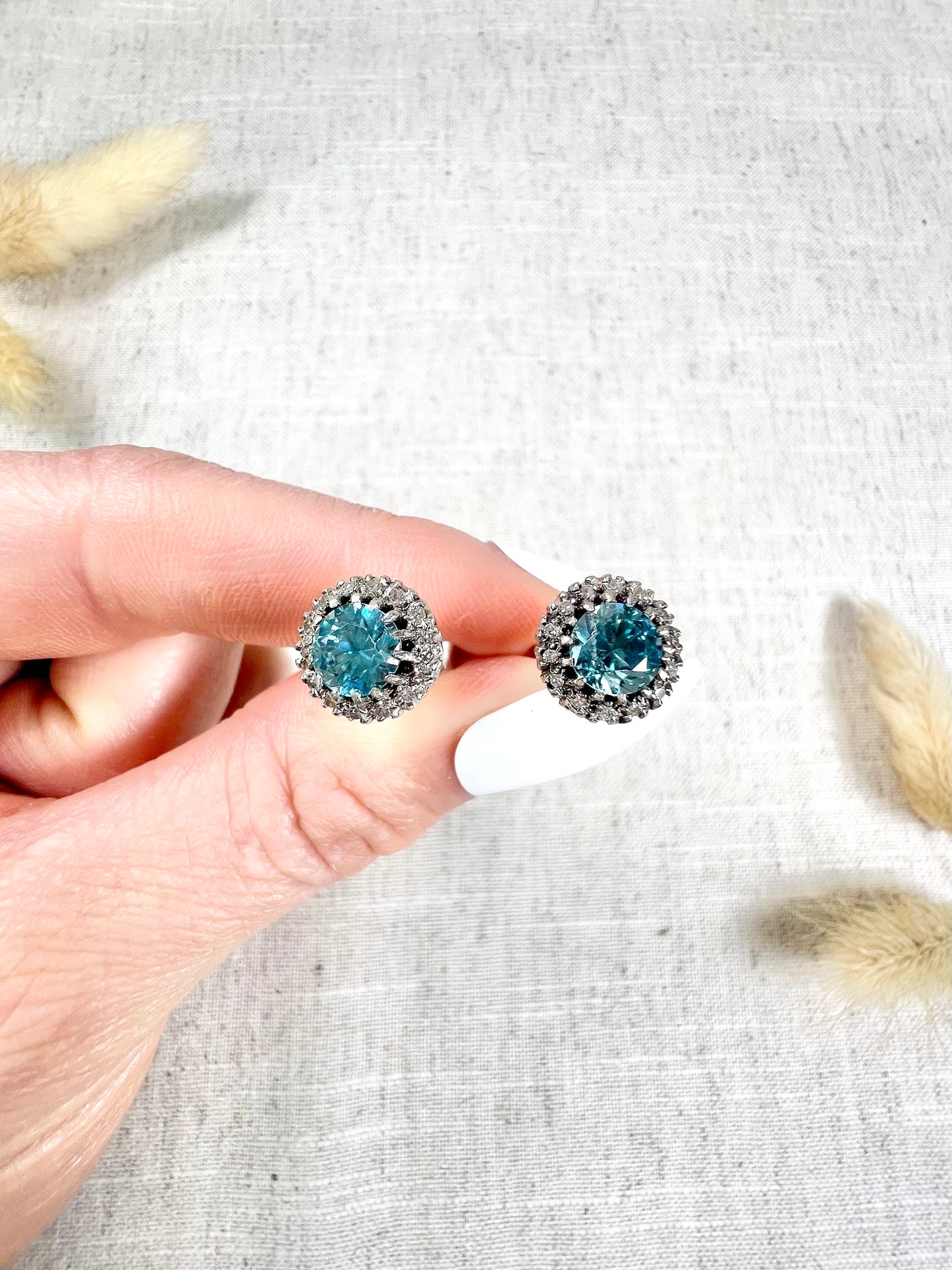 Antique 18 Carat White Gold, 1920's Faceted Zircon And Diamond Cluster Stud Earrings