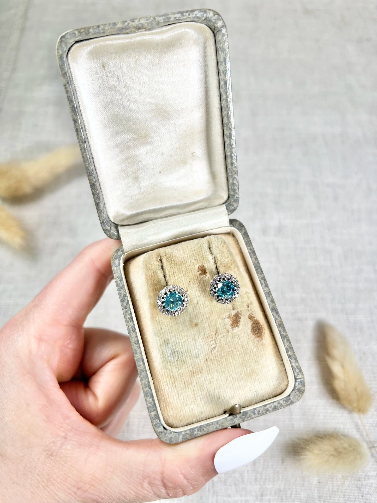 Antique 18 Carat White Gold, 1920's Faceted Zircon And Diamond Cluster Stud Earrings