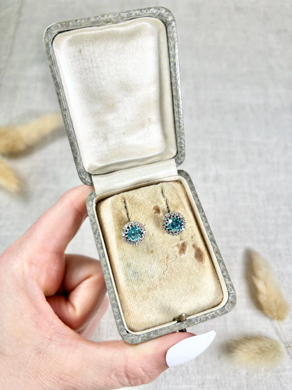 Antique 18 Carat White Gold, 1920's Faceted Zircon And Diamond Cluster Stud Earrings