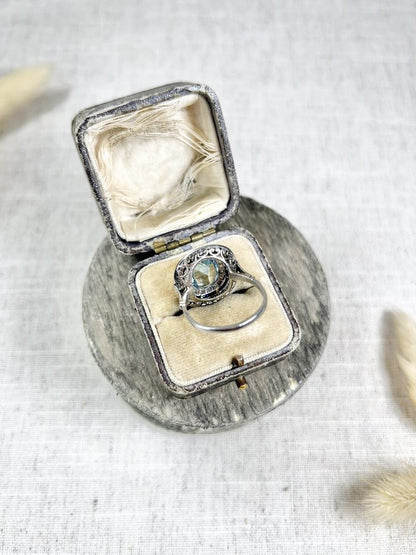 Edwardian Antique Cushion Cut Aquamarine Sapphire and Old Cut Diamond Halo Ring
