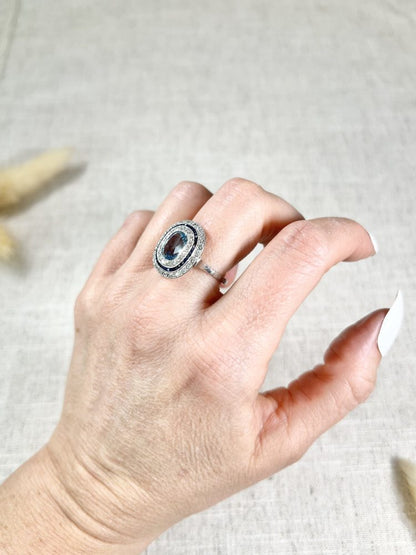 Edwardian Antique Cushion Cut Aquamarine Sapphire and Old Cut Diamond Halo Ring