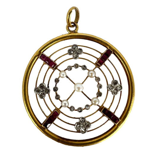 Edwardian Antique Natural Pearl Ruby Diamond Target Pendant