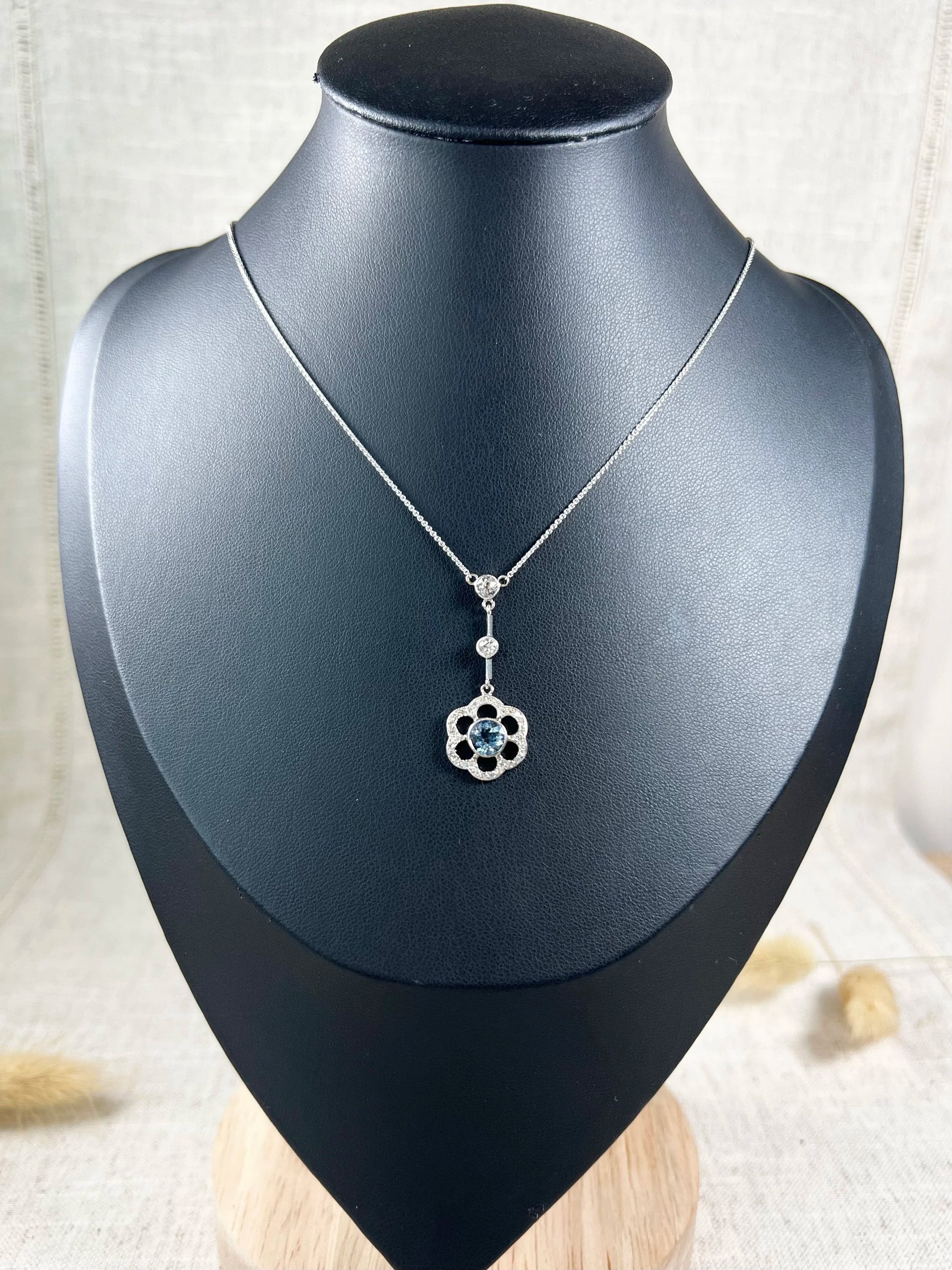 Antique 18 ct White Gold Aquamarine And Diamond Articulated Flower Pendant Necklace