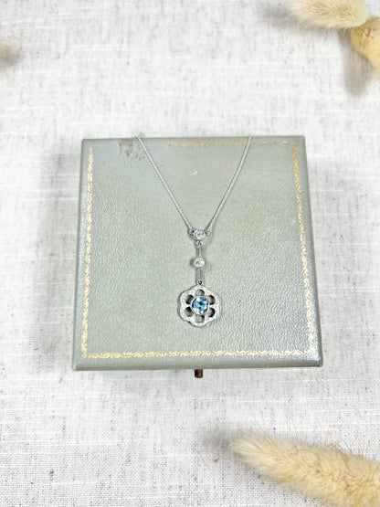 Antique 18 ct White Gold Aquamarine And Diamond Articulated Flower Pendant Necklace
