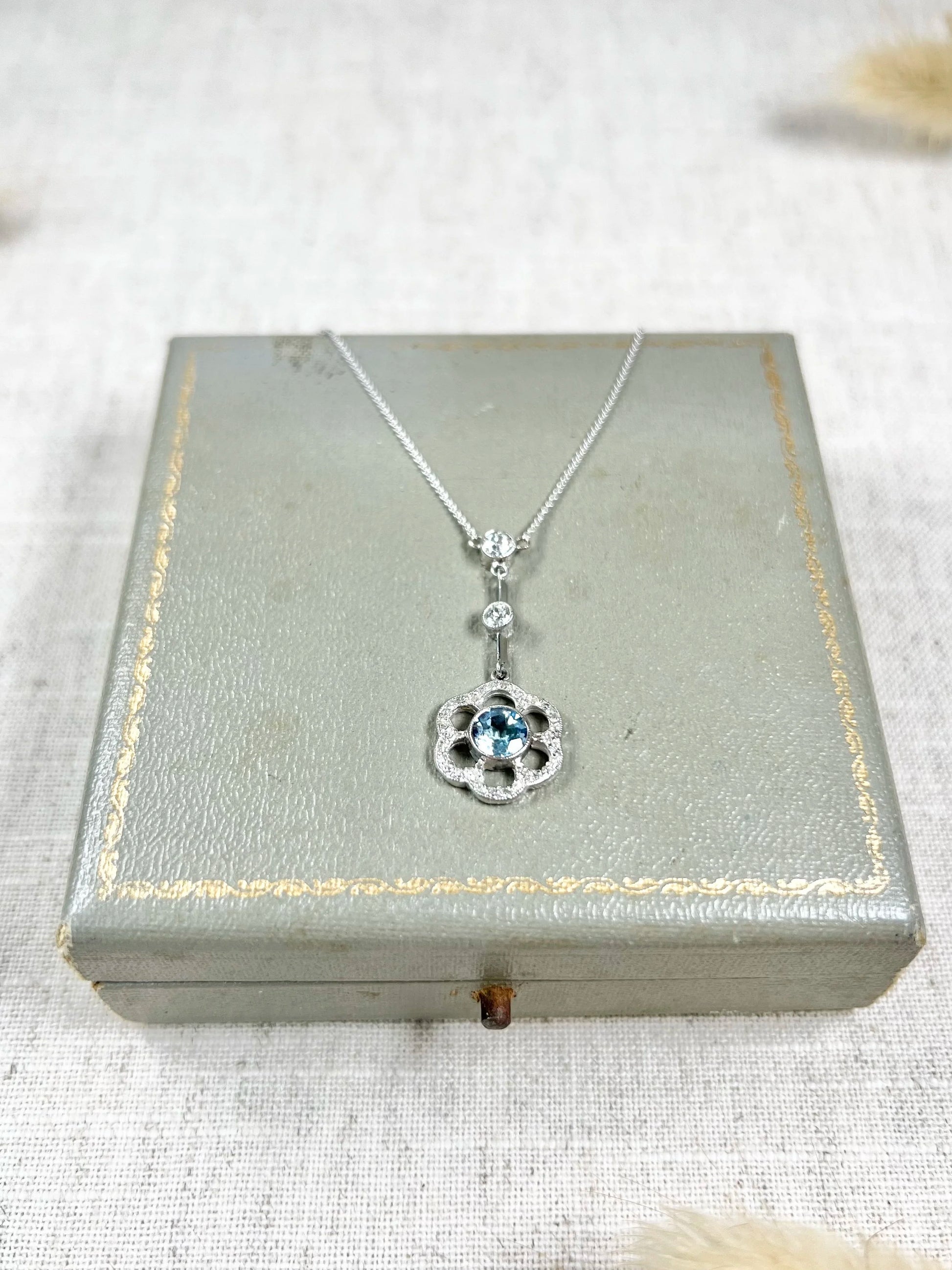 Antique 18 ct White Gold Aquamarine And Diamond Articulated Flower Pendant Necklace