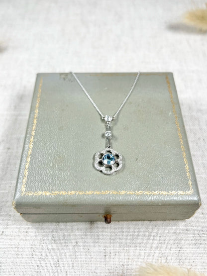 Antique 18 ct White Gold Aquamarine And Diamond Articulated Flower Pendant Necklace