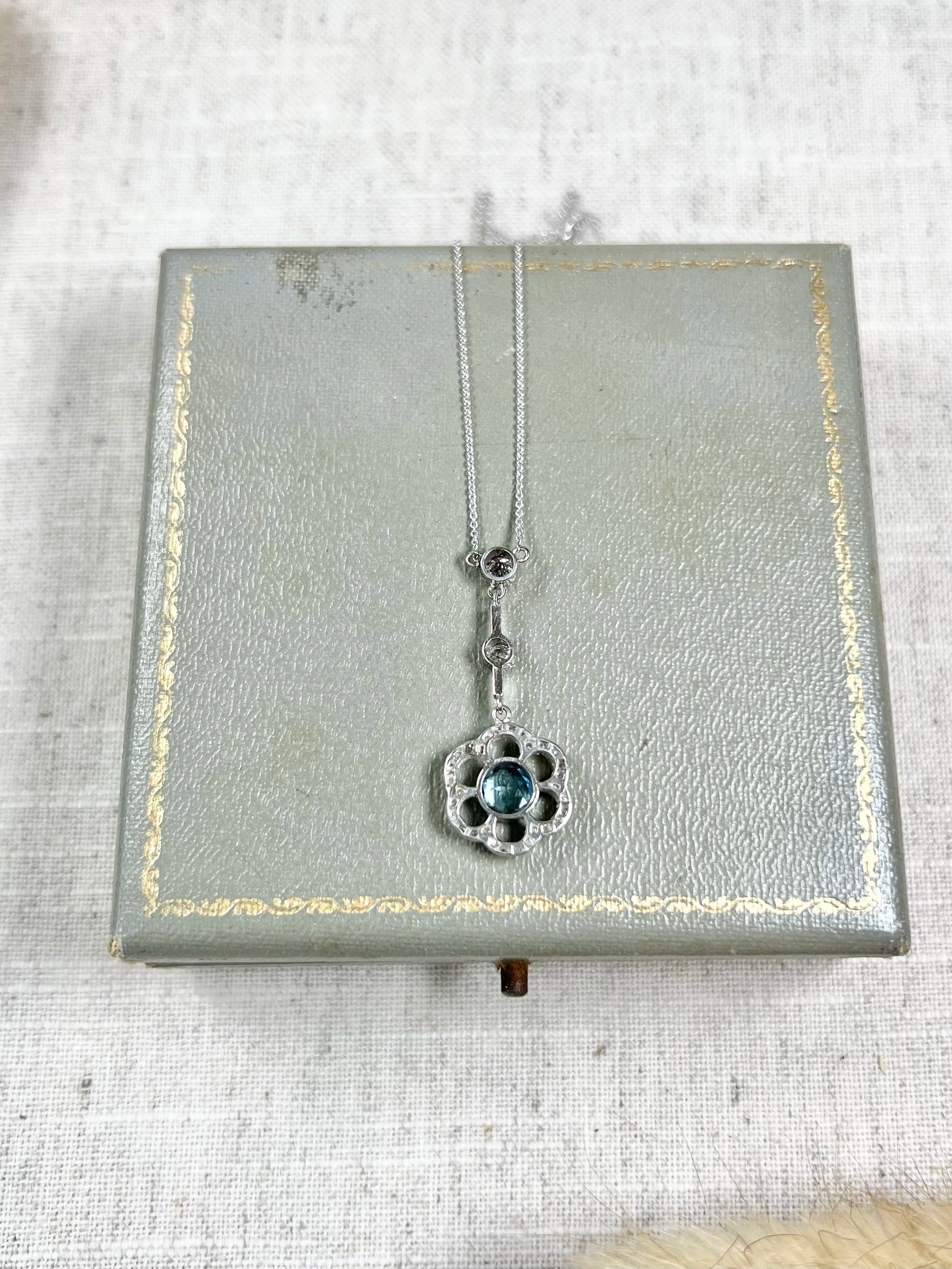 Antique 18 ct White Gold Aquamarine And Diamond Articulated Flower Pendant Necklace
