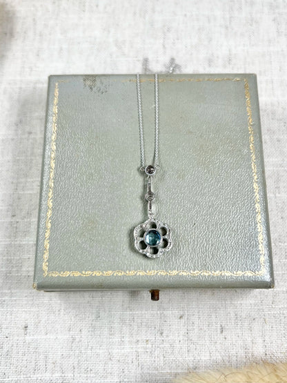 Antique 18 ct White Gold Aquamarine And Diamond Articulated Flower Pendant Necklace