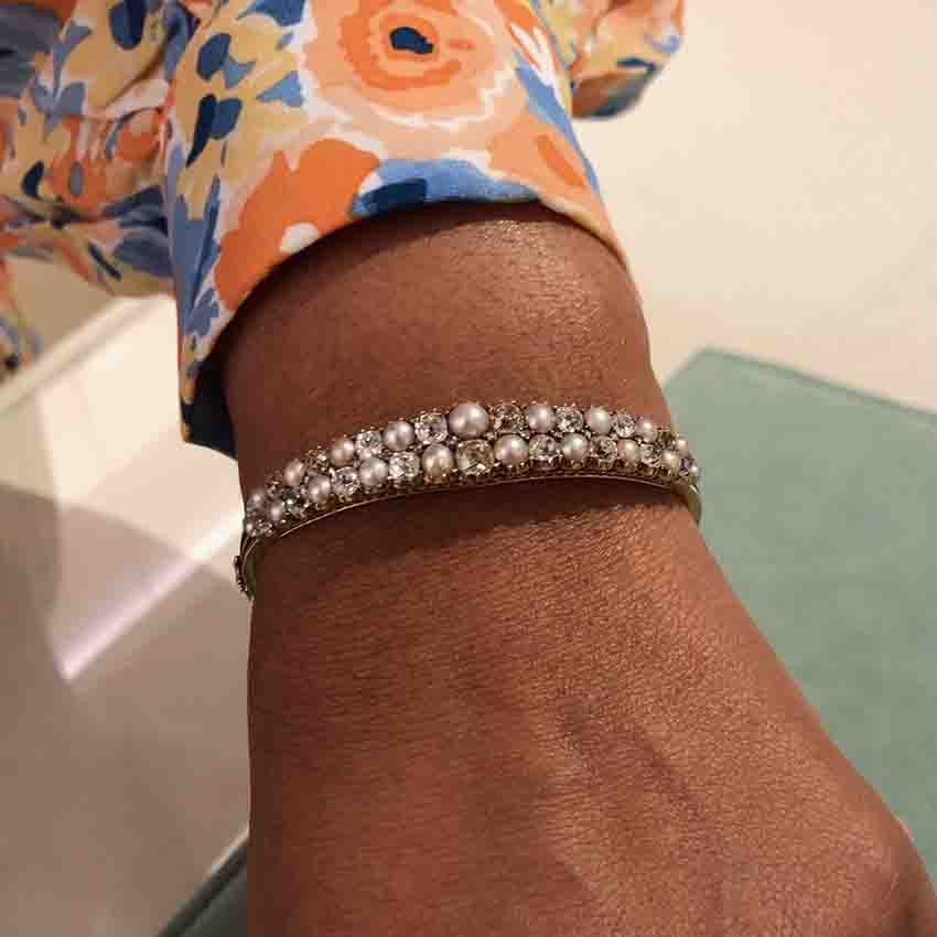 Edwardian Old Cut Diamond And Pearl Hinged Bangle In 18 Carat Yellow Gold