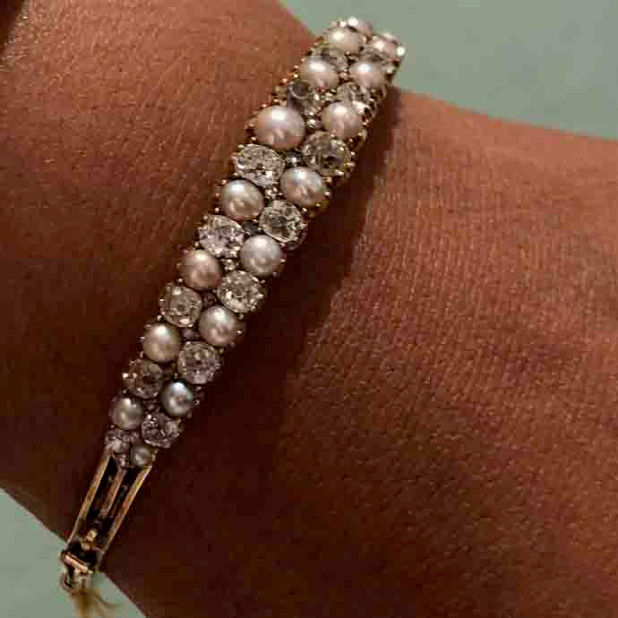 Edwardian Natural Pearl and Old Cut Diamond Hinged Bangle Bracelet In 18ct Yellow Gold