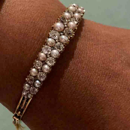 Edwardian Natural Pearl and Old Cut Diamond Hinged Bangle Bracelet In 18ct Yellow Gold