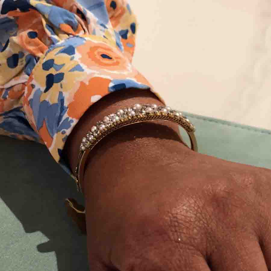 Edwardian Natural Pearl and Old Cut Diamond Hinged Bangle Bracelet In 18ct Yellow Gold