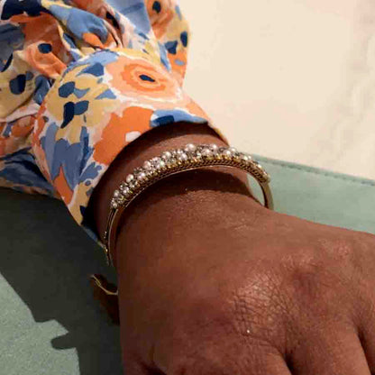 Edwardian Natural Pearl and Old Cut Diamond Hinged Bangle Bracelet In 18ct Yellow Gold