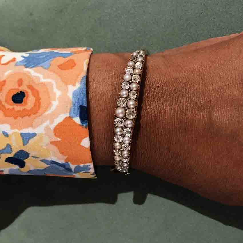 Edwardian Old Cut Diamond And Pearl Hinged Bangle In 18ct Yellow Gold