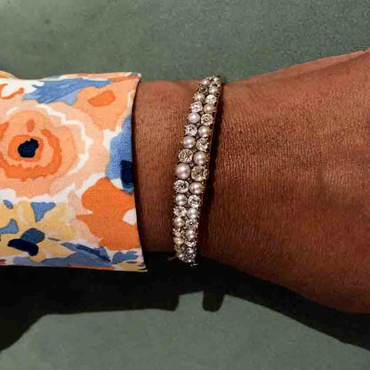 Edwardian Old Cut Diamond And Pearl Hinged Bangle In 18ct Yellow Gold