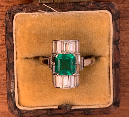 Art Deco Emerald and Baguette Cut Diamond Cocktail Ring
