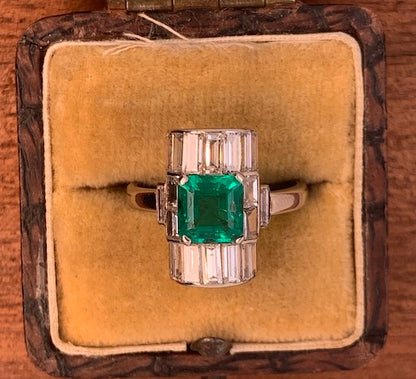 Art Deco Emerald and Baguette Cut Diamond Cocktail Ring